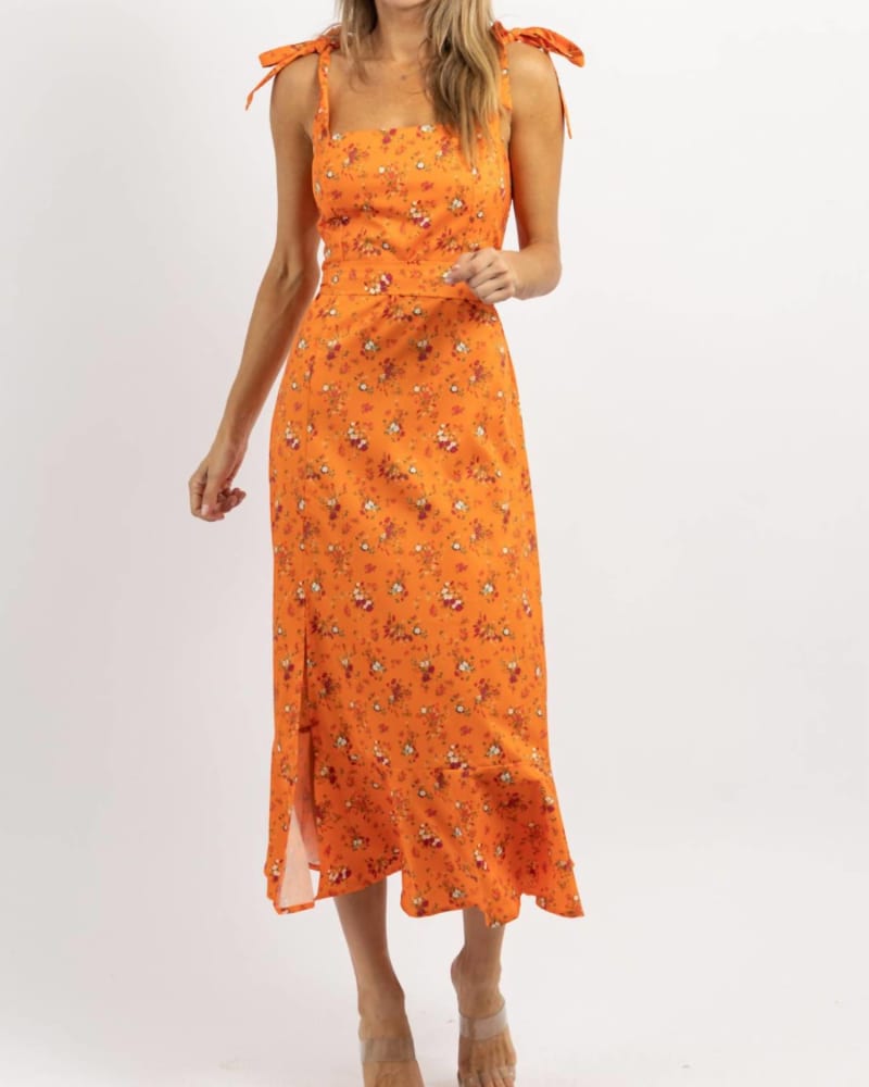 Front of a model wearing a size L Last Dance Tie Strap Midi Dress In Orange in Orange by oneeleven. | dia_product_style_image_id:359471